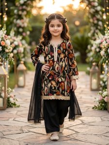 Mehrunisa Black Floral Printed 3Pcs Outfit