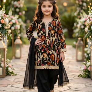Mehrunisa Black Floral Printed 3Pcs Outfit
