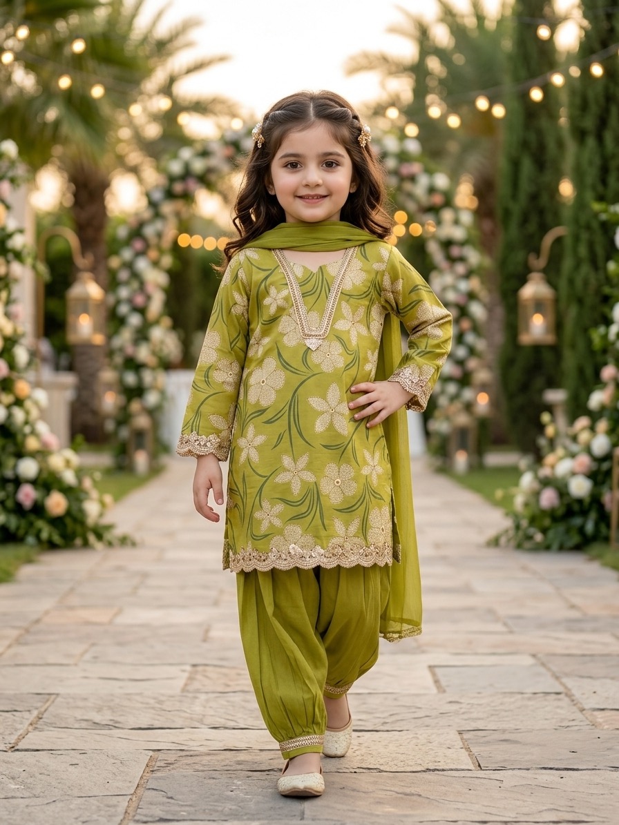 Meherin Olive Green Festive Afgani Salwar 3pcs Suit for Little Princess - Image 2