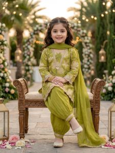 Meherin Olive Green Festive  Afgani Salwar  3pcs Suit for Little Princess