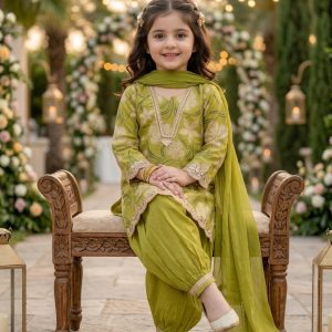 Meherin Olive Green Festive Afgani Salwar 3pcs Suit for Little Princess