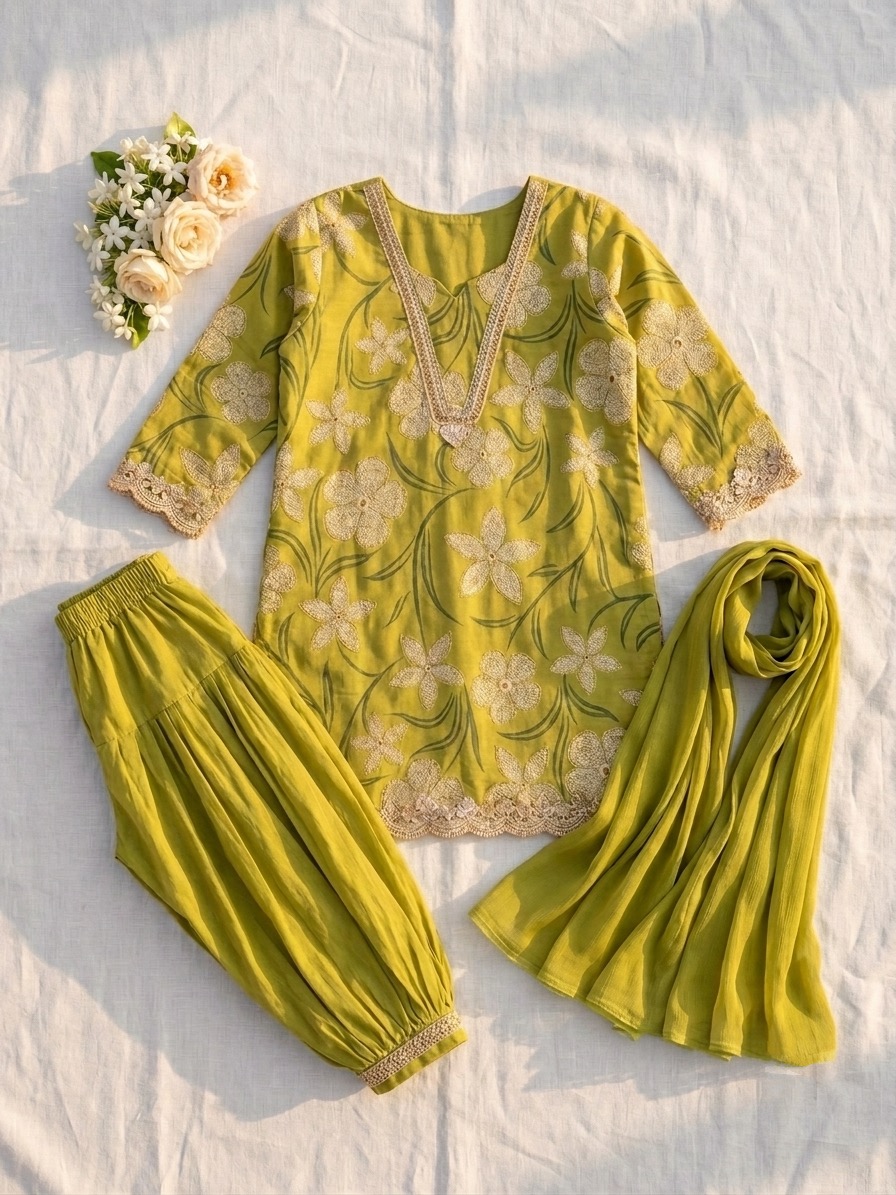 Meherin Olive Green Festive Afgani Salwar 3pcs Suit for Little Princess - Image 3