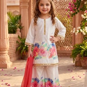 Noor-e-Joba – Elegant Floral Cotton 3-Piece Traditional Dress Set for Girls