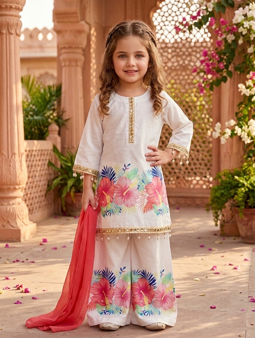 Noor-e-Joba – Elegant Floral Cotton 3-Piece Traditional Dress Set for Girls