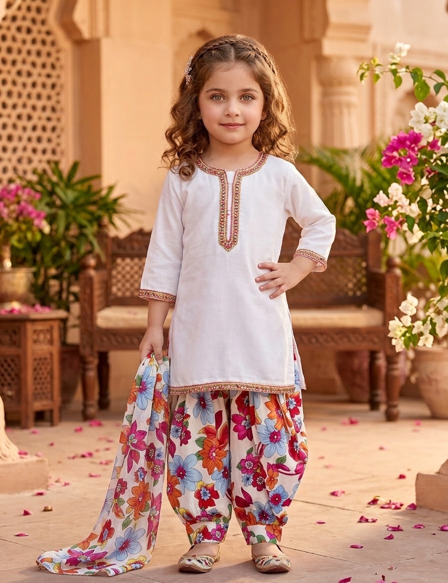 Ward Al-Zahra Premium Floral Cotton 3-Piece Traditional Dress for Girls