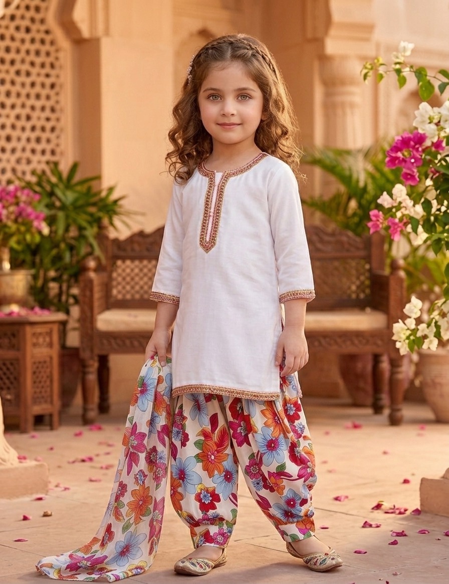Ward Al-Zahra Premium Floral Cotton 3-Piece Traditional Dress for Girls - Image 2