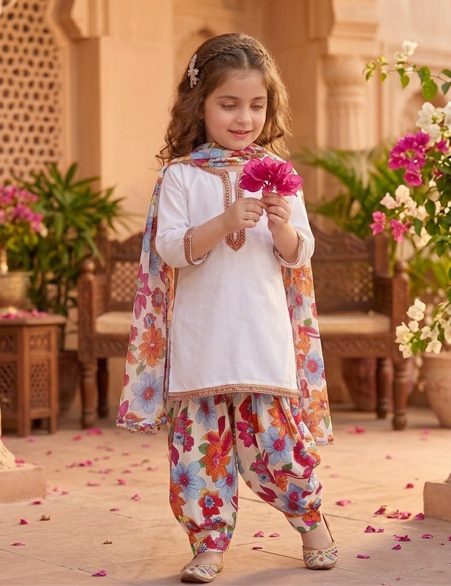 Ward Al-Zahra Premium Floral Cotton 3-Piece Traditional Dress for Girls - Image 3
