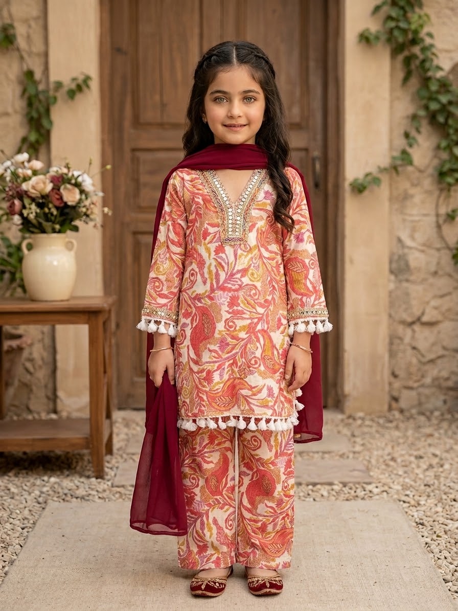 Mahveen – Premium Pakistani Inspired Floral 3-Piece Dress for Girls 1-8 Years