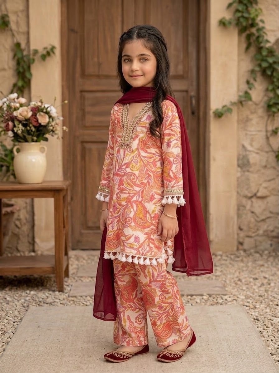 Mahveen – Premium Pakistani Inspired Floral 3-Piece Dress for Girls 1-8 Years - Image 3