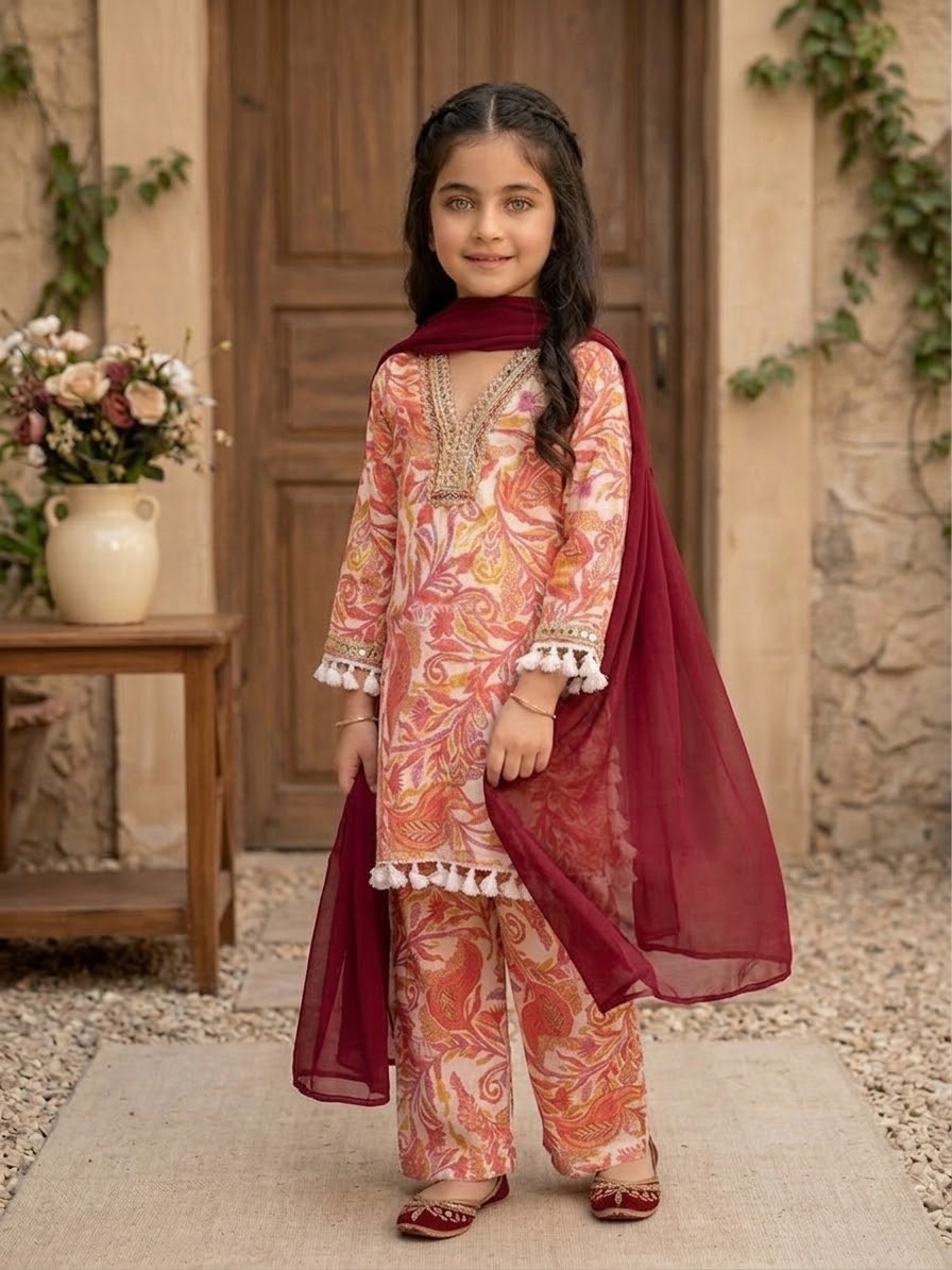 Mahveen – Premium Pakistani Inspired Floral 3-Piece Dress for Girls 1-8 Years - Image 2