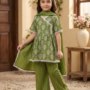 Safa Green Girls’ Premium Angrakha Cut 3-Piece Dress Set