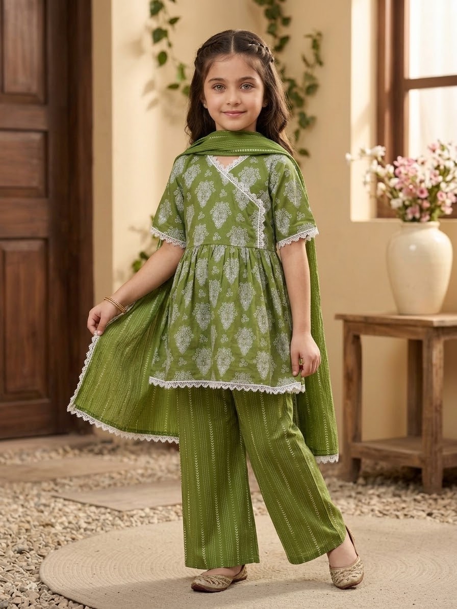 Safa Green Girls’ Premium Angrakha Cut 3-Piece Dress Set
